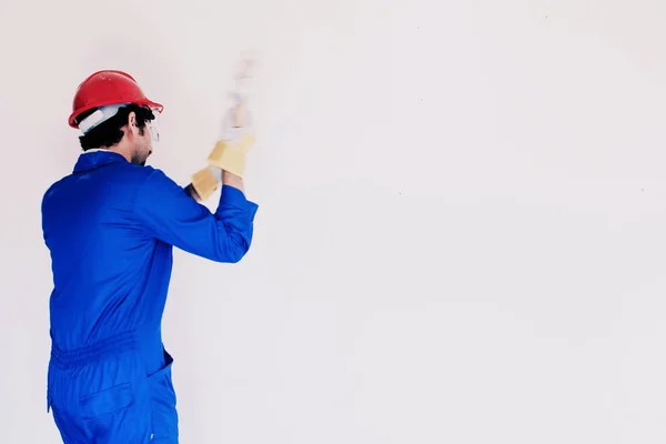 Giovane Operaio Con Casco Protezione Rosso Vestito Caldaia Blu Concetto — Foto Stock