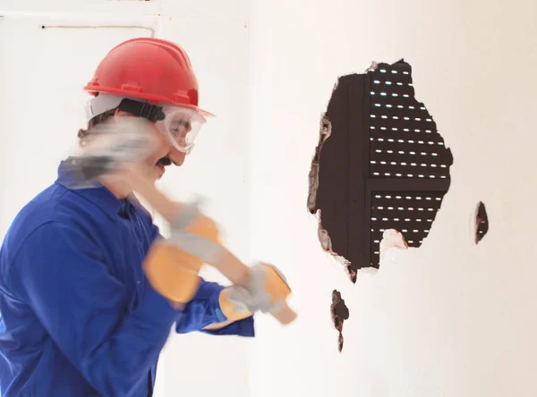 Young Worker Red Protection Helmet Wearing Blue Boiler Suit Demolition — Stock Photo, Image