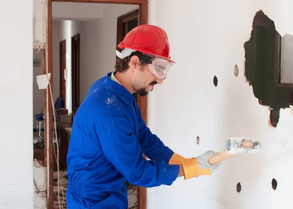 Young Worker Red Protection Helmet Wearing Blue Boiler Suit Demolition — Stock Photo, Image