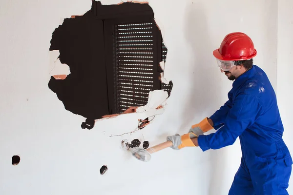 Young Worker Red Protection Helmet Wearing Blue Boiler Suit Demolition — Stock Photo, Image