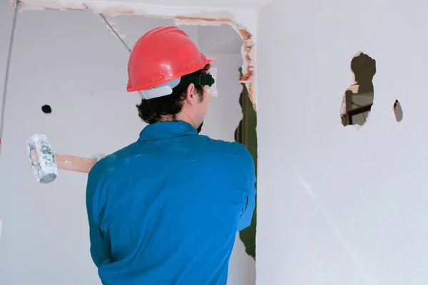 Young Worker Red Protection Helmet Wearing Blue Boiler Suit Demolition — Stock Photo, Image