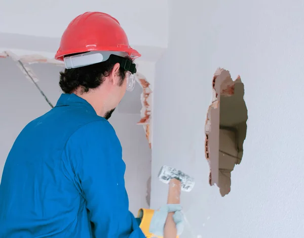 Young Worker Red Protection Helmet Wearing Blue Boiler Suit Demolition — Stock Photo, Image