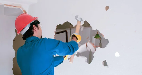 Young Worker Red Protection Helmet Wearing Blue Boiler Suit Demolition — Stock Photo, Image