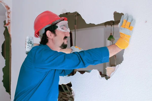 Young Worker Red Protection Helmet Wearing Blue Boiler Suit Demolition — Stock Photo, Image