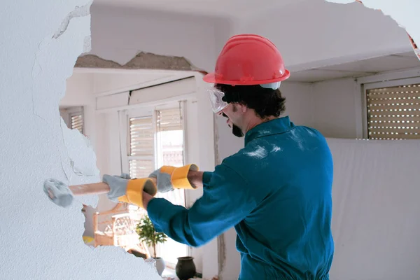 Young Worker Red Protection Helmet Wearing Blue Boiler Suit Demolition — Stock Photo, Image