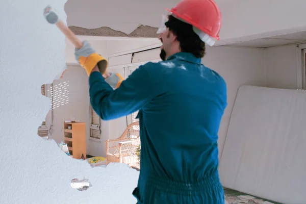 Young Worker Red Protection Helmet Wearing Blue Boiler Suit Demolition — Stock Photo, Image