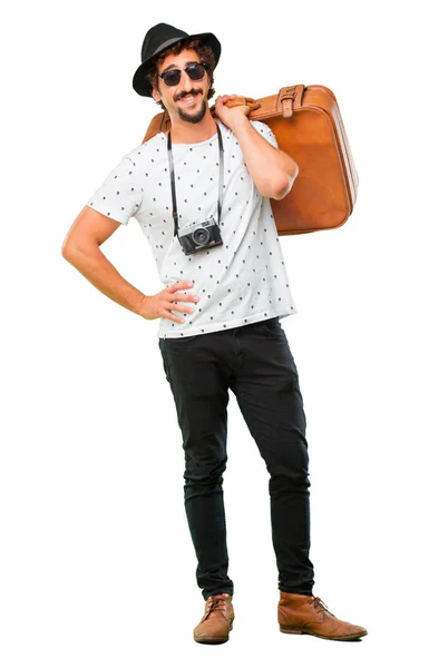 Young Bearded Cool Traveller Man Bag Holidays Concept — Stock Photo, Image