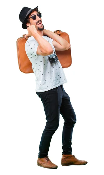 Young Bearded Cool Traveller Man Bag Holidays Concept — Stock Photo, Image