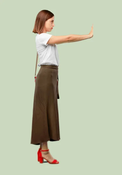 Young Pretty Woman Signaling Stop Both Palms Hands Facing Forward — Stock Photo, Image