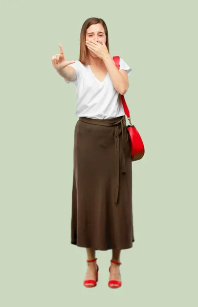 Young Pretty Woman Gesturing Loser Fingers Mockingly Happy Proud Self — Stock Photo, Image