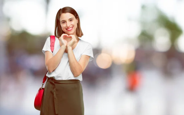 Young Pretty Woman Smiling Looking Happy Love Making Shape Heart — Stock Photo, Image