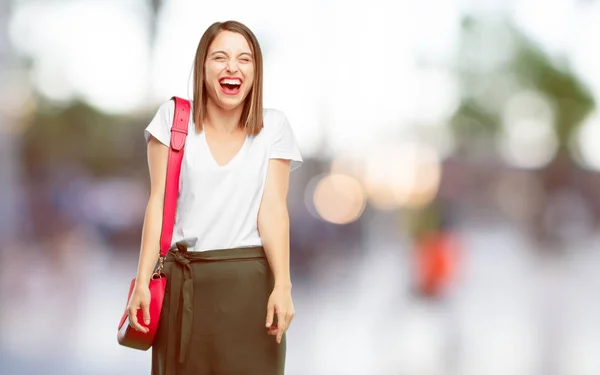 Young Pretty Woman Laughing Out Loud Head Tilted Backwards Happy — Stock Photo, Image