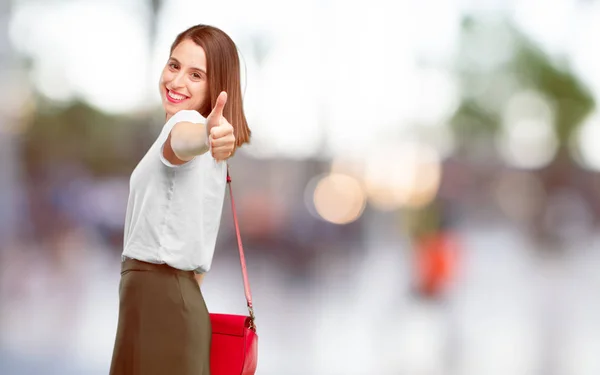 Young Pretty Woman Satisfied Proud Happy Look Thumbs Signalining One — Stock Photo, Image