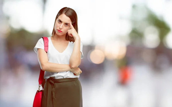 Young Pretty Woman Concentrating Hard Idea Serious Far Look Thinking — Stock Photo, Image