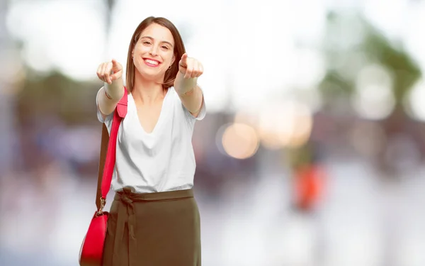 Young Pretty Woman Smiling Happily Pointing Forward Both Hands Choosing — Stock Photo, Image