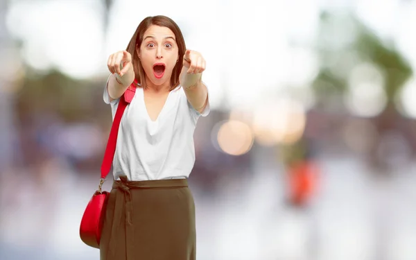Young Pretty Woman Looking Angry Surprised Shouting Pointing Forward You — Stock Photo, Image