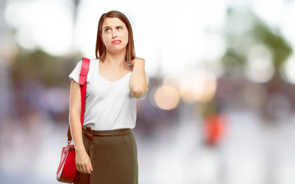 Young Pretty Woman Stressed Gesture Sweating Pulling Shirt Neck Open — Stock Photo, Image