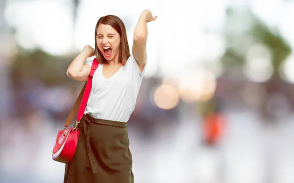 Joven Bonita Mujer Sonriendo Bailando Diversión Música Disco Animada Buscando — Foto de Stock