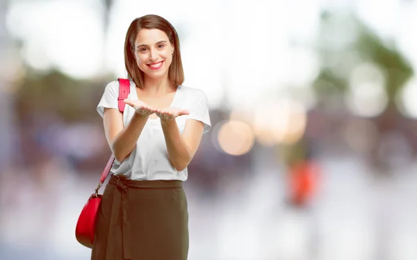 Young Pretty Woman Smiling Satisfied Expression Showing Object Concept Both — Stock Photo, Image