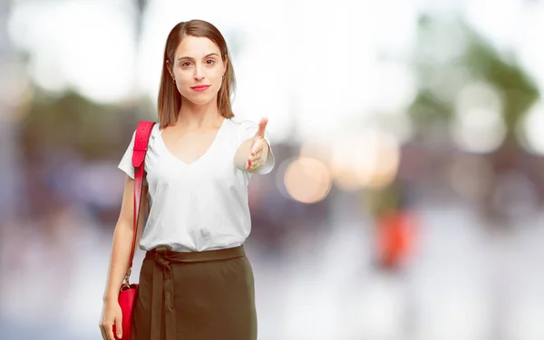 Young Pretty Woman Serious Confident Proud Stern Expression Offering Handshake — Stock Photo, Image