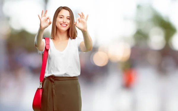 Young Pretty Woman Making Alright Okay Gesture Approvingly Both Hands — Stock Photo, Image