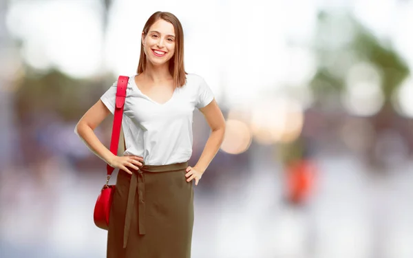 Young Pretty Woman Smiling Proudly Confidently Arms Hands Hips Akimbo — Stock Photo, Image