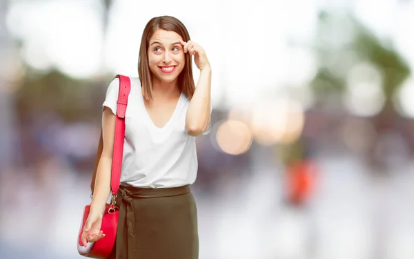 Young Pretty Woman Happily Realizing Some Good Surprising News Having — Stock Photo, Image