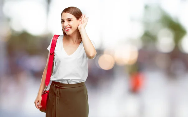 Young Pretty Woman Paying Attention Trying Hear Listen What Being — Stock Photo, Image