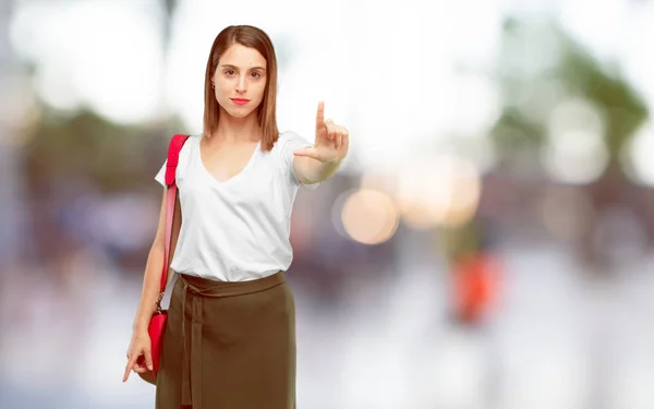 Young Pretty Woman Gesturing Loser Fingers Mockingly Happy Proud Self — Stock Photo, Image