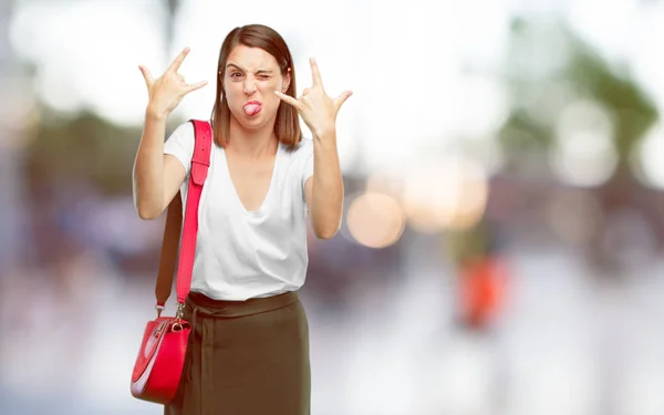 Young Pretty Woman Singing Rock Dancing Shouting Gesturing Rebellious Angry — Stock Photo, Image