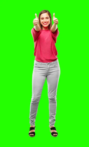 Young Woman Full Body Satisfied Proud Happy Look Thumbs Signaling — Stock Photo, Image