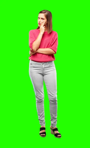 Young Woman Full Body Confused Thoughtful Look Looking Sideways Thinking — Stock Photo, Image