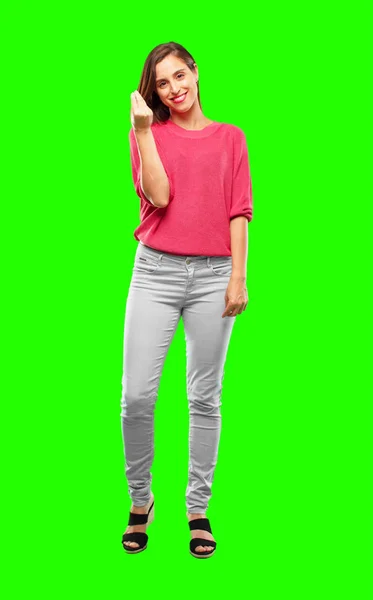 Young Woman Full Body Looking Happy Proud Satisfied Gesturing Cash — Stock Photo, Image