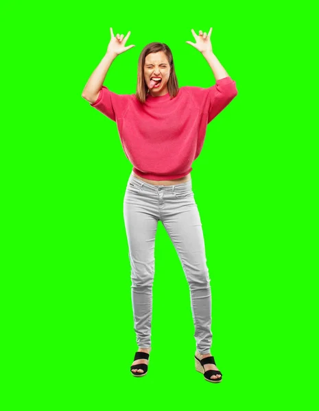 Giovane Donna Corpo Pieno Cantando Rock Ballando Gridando Gesticolando Modo — Foto Stock