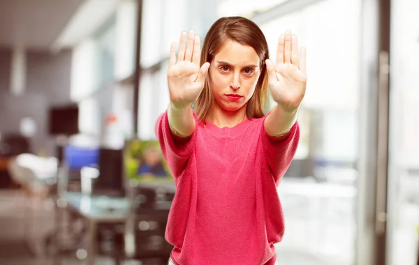 Young Woman Full Body Signaling Stop Both Palms Hands Facing — Stock Photo, Image