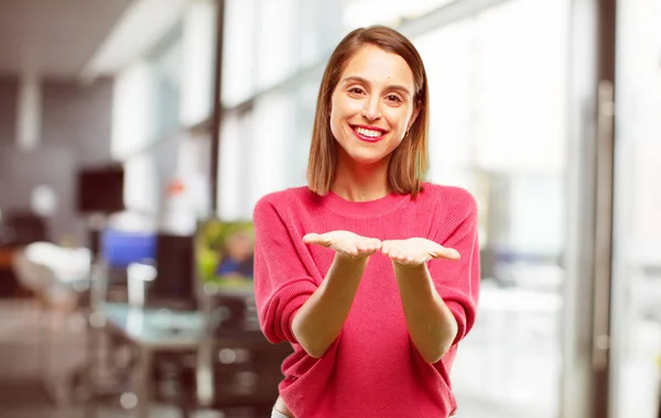 Young Woman Full Body Smiling Satisfied Expression Showing Object Concept — Stock Photo, Image