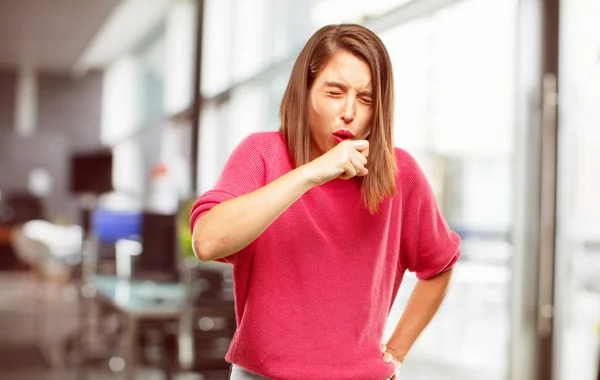 Jovem Mulher Corpo Inteiro Tosse Doença Inverno Como Constipação Gripe — Fotografia de Stock