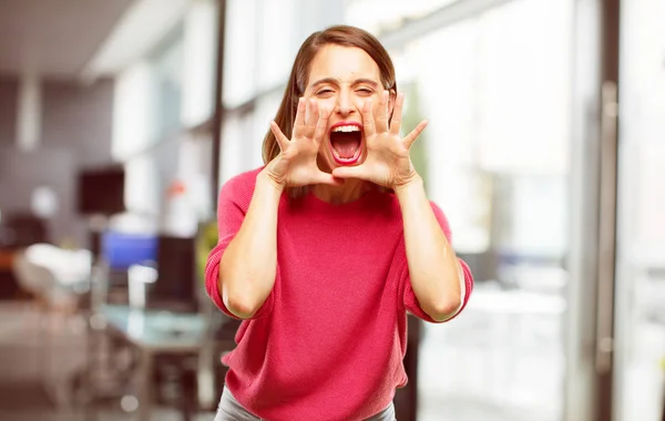 Young Woman Full Body Shouting Loud Crazy Calling Hand Angry — Stock Photo, Image