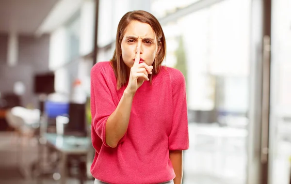 Young Woman Full Body Gesturing Keep Quiet Hand Hushing You — Stock Photo, Image