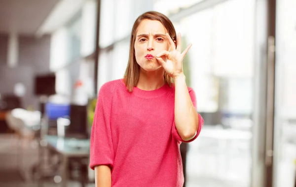 Young Woman Full Body Gesturing Zip Hand Demanding Silence Secrecy — Stock Photo, Image