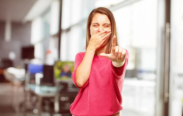 Young Woman Full Body Gesturing Loser Fingers Mockingly Happy Proud — Stock Photo, Image