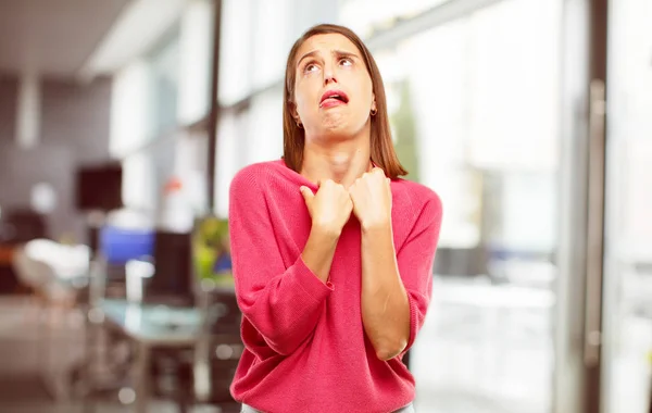 Young Woman Full Body Anxious Stressed Nervous Gesture Feeling Great — Stock Photo, Image