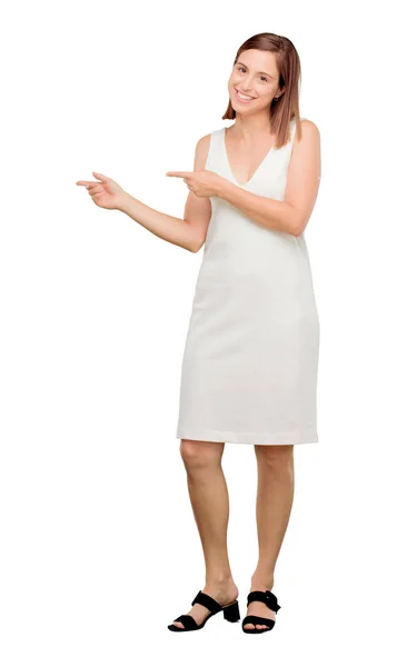 Young Pretty Woman Smiling Pointing Side Both Hands Place Publicist — Stock Photo, Image