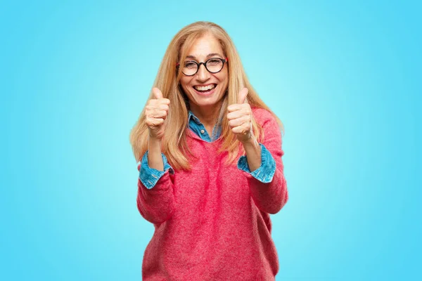 Beautiful Adult Blonde Woman Satisfied Proud Happy Look Thumbs Signaling — Stock Photo, Image
