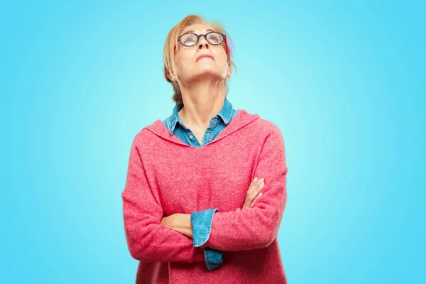 Beautiful Adult Blonde Woman Looking Angry Surprised Shouting Pointing Forward — Stock Photo, Image