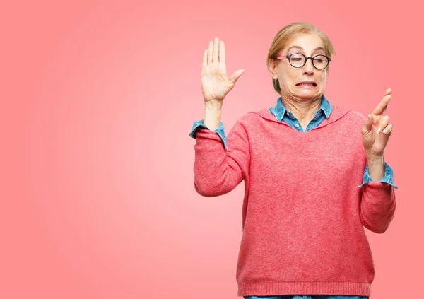 Beautiful Senior Woman Smiling Confidently While Making Sincere Promise Oath — Stock Photo, Image