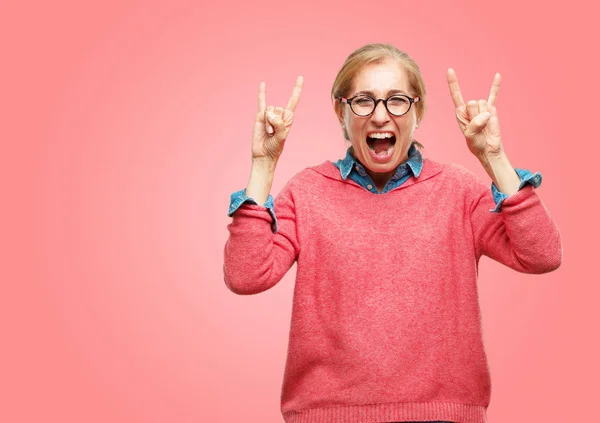 Beautiful Senior Woman Singing Rock Dancing Shouting Gesturing Rebellious Angry — Zdjęcie stockowe