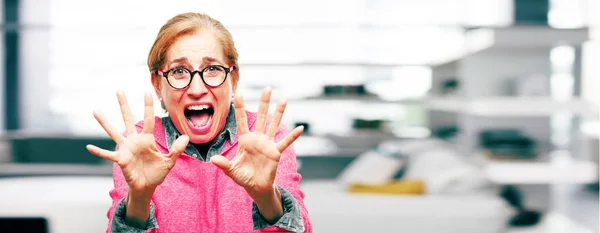 Beautiful Senior Woman Looking Scared Frightened Horrified Screaming Terror Facing — Stock Photo, Image