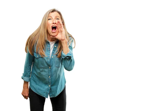 Senior Beautiful Woman Shouting Loud Crazy Calling Hand Angry Expression — Stock Photo, Image