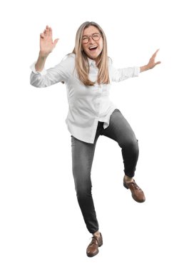 güzel kadın kıdemli el ve etkileyici. tam vücut görünümü